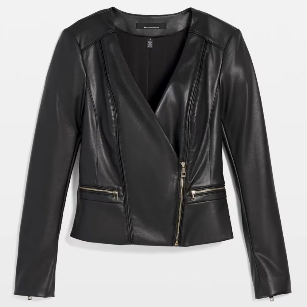 WHBM $139 Faux Leather Moto Jacket Black Blazer Zipped